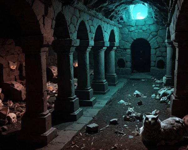 Ancient Stone Chamber with Eerie Atmosphere and Owl