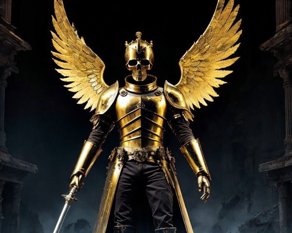 Golden Armored Figure with Wings Against Dark Backdrop