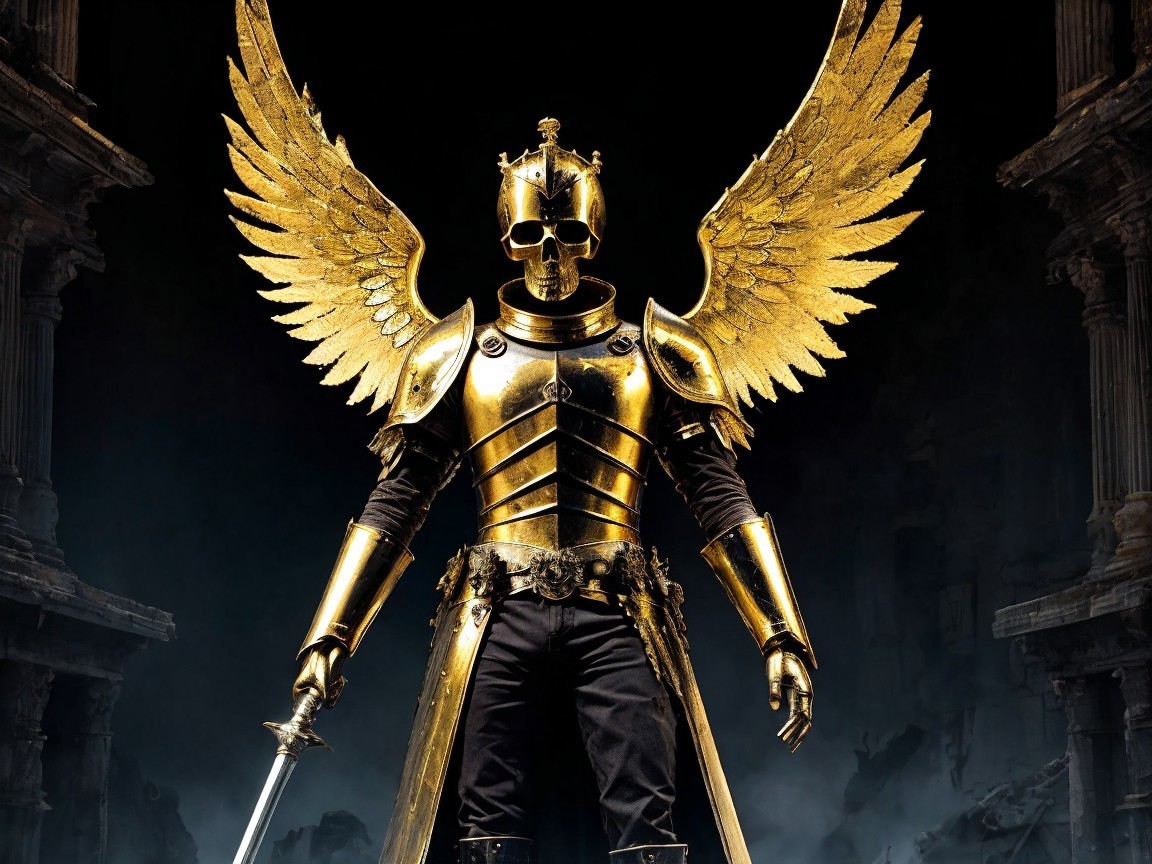 Golden Armored Figure with Wings Against Dark Backdrop
