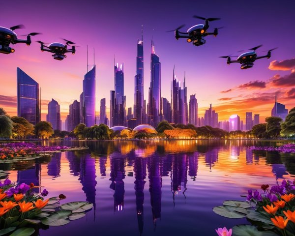 Futuristic city skyline at sunset with serene lake