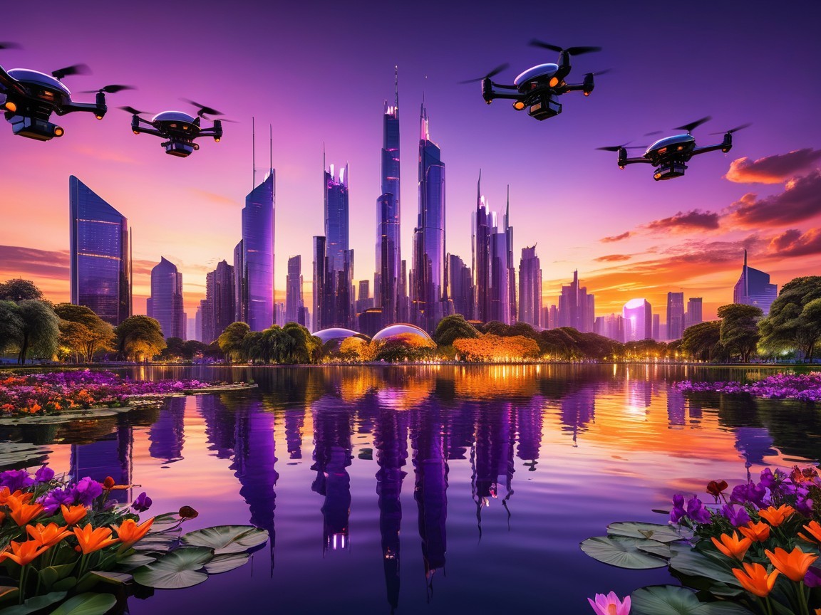 Futuristic city skyline at sunset with serene lake