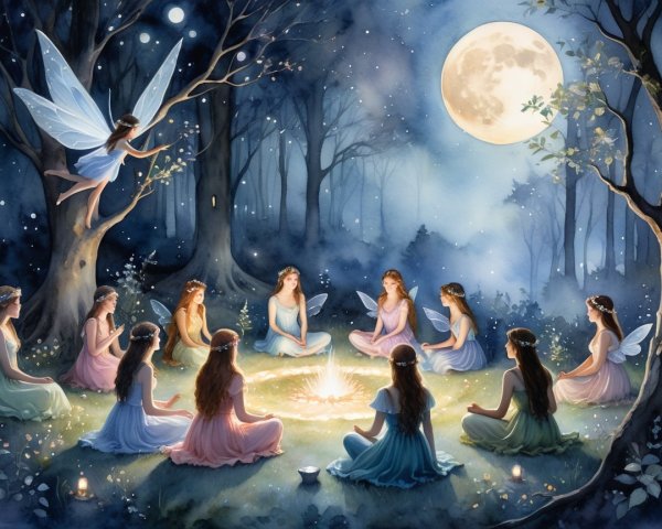 Fairies Meditate Around a Glowing Campfire in Forest