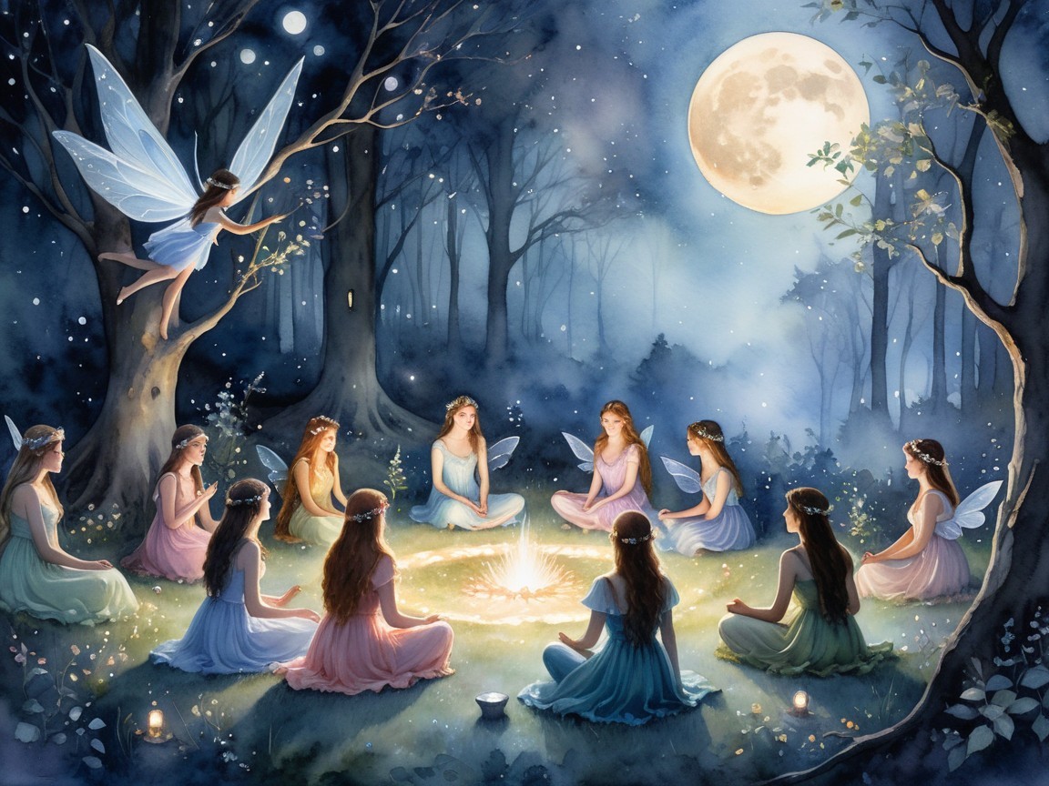 Fairies Meditate Around a Glowing Campfire in Forest