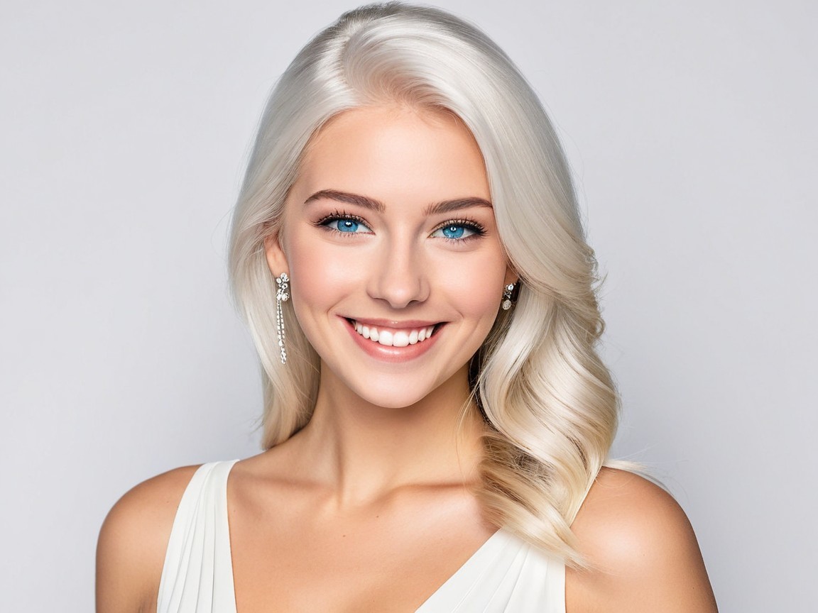 Portrait of a young woman in a white dress with blonde hair
