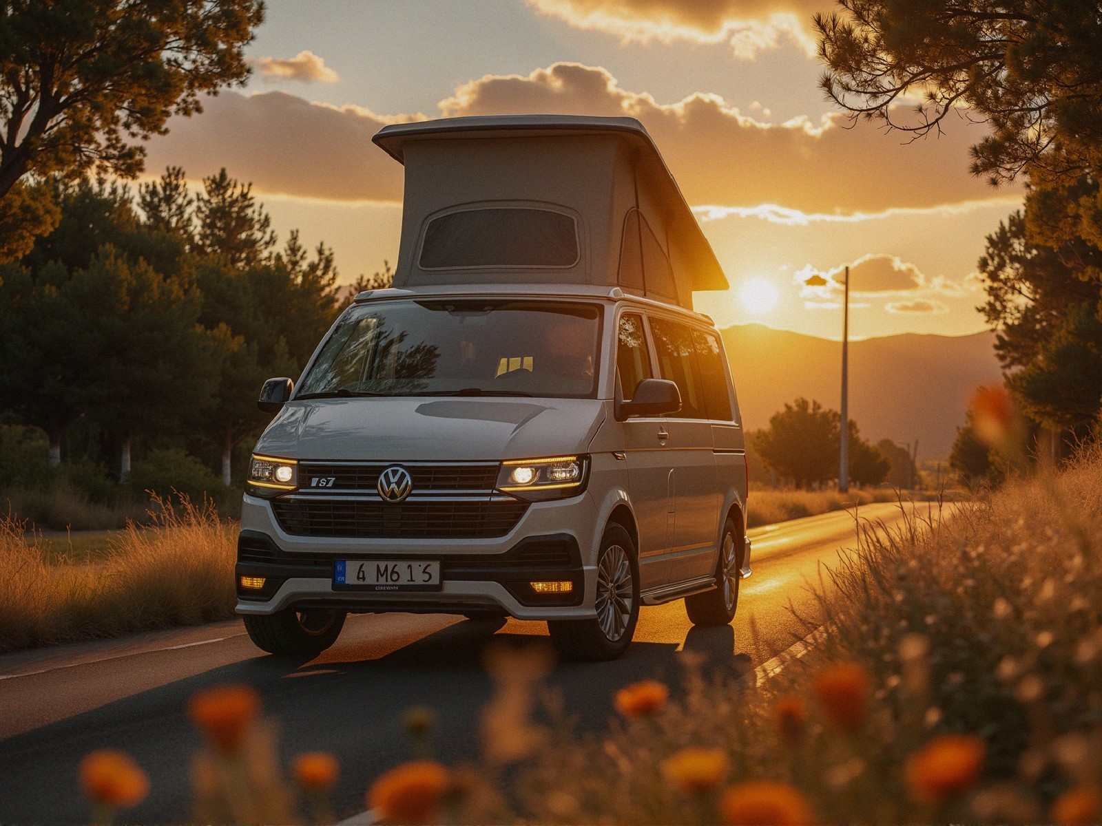 Volkswagen Camper Van on a Serene Sunset Road