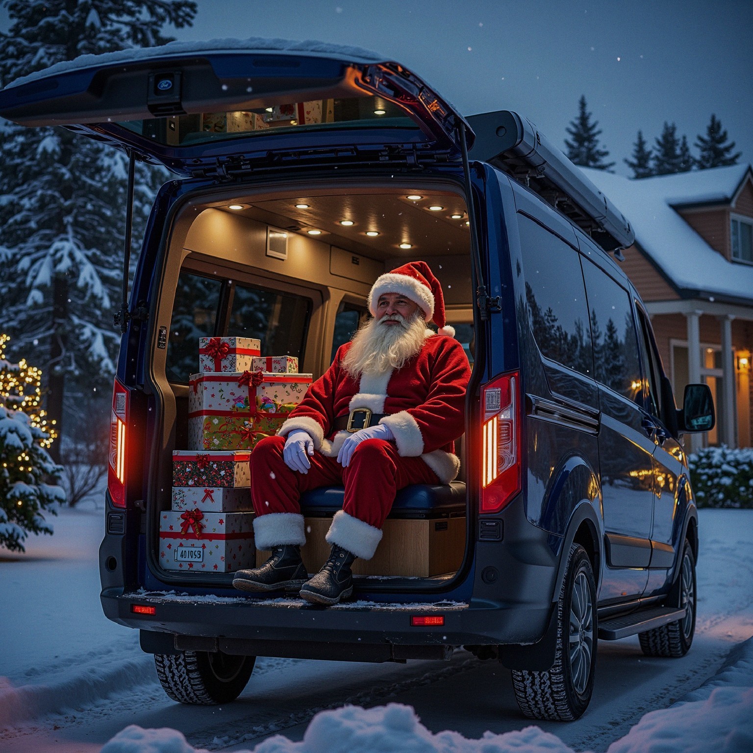Santa Claus in a Van Surrounded by Holiday Gifts