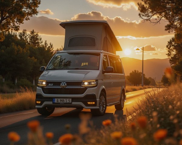 Volkswagen Camper Van on a Serene Sunset Road