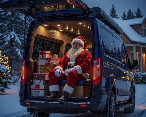 Santa Claus in a Van Surrounded by Holiday Gifts