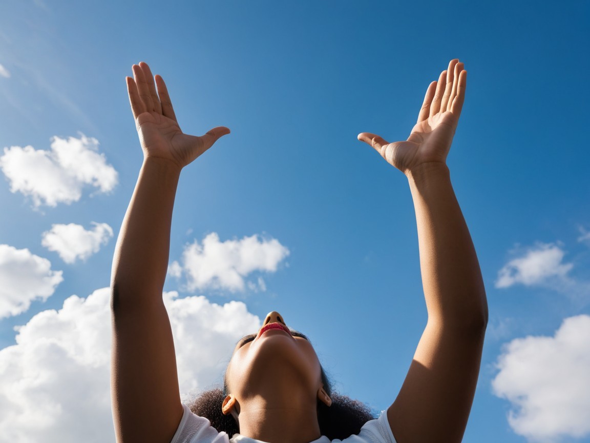 Person with Upbeat Expression Under Bright Blue Sky