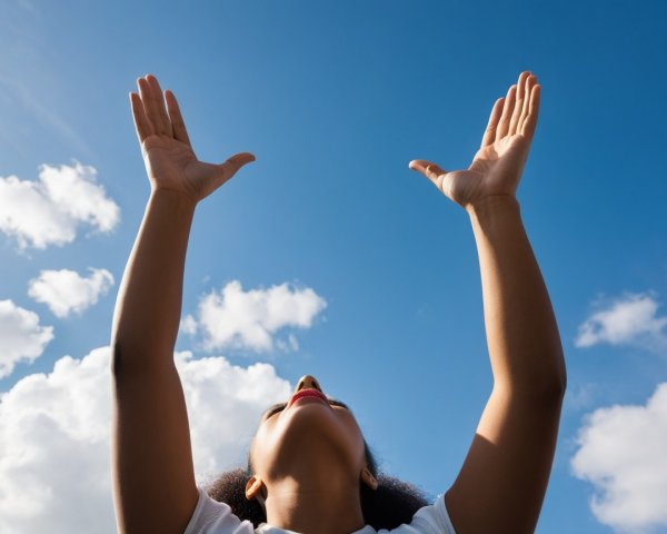 Person with Upbeat Expression Under Bright Blue Sky