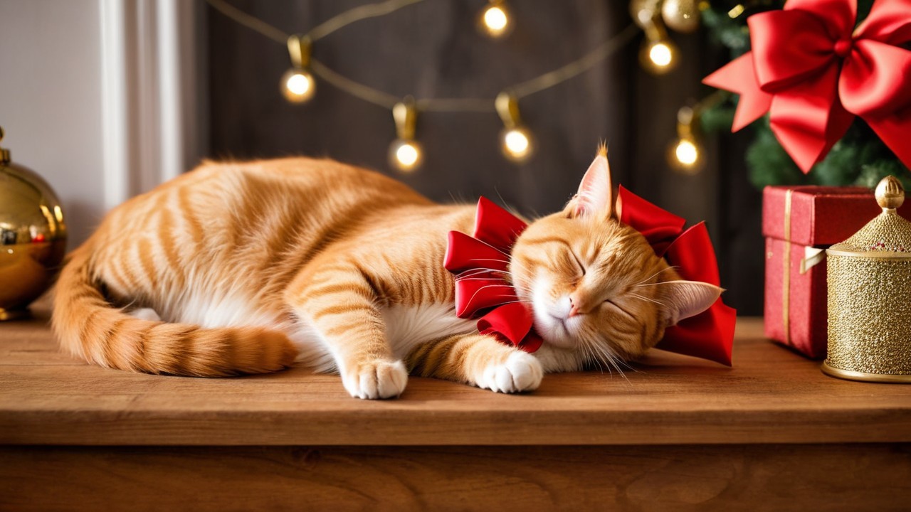 Cozy Scene of a Sleeping Orange Tabby Cat with Decorations
