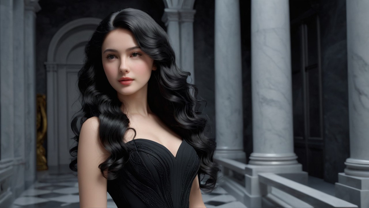 Elegant Woman in Black Dress Against Classical Architecture