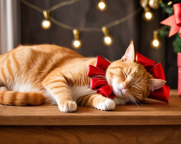 Cozy Scene of a Sleeping Orange Tabby Cat with Decorations