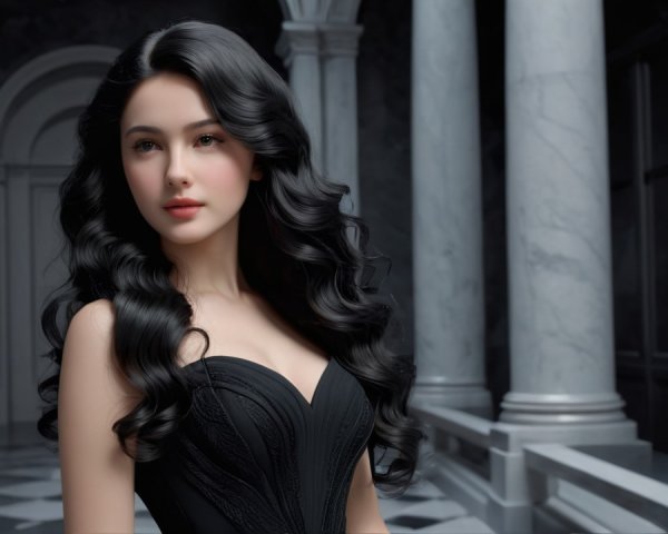 Elegant Woman in Black Dress Against Classical Architecture