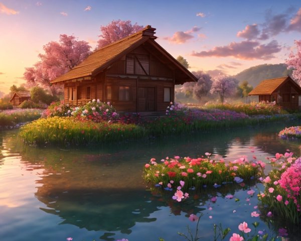 Serene Landscape with Wooden Houses and Gardens