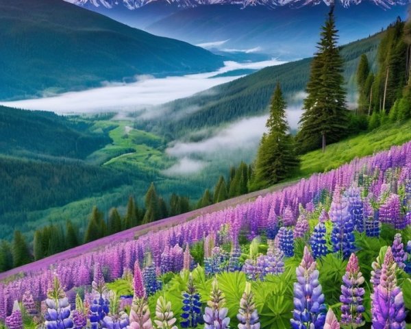 Vibrant Lupine Field with Majestic Mountain Backdrop