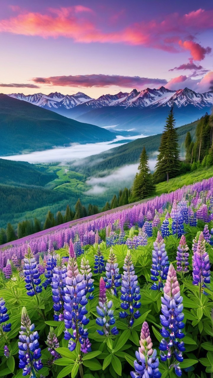 Vibrant Lupine Field with Majestic Mountain Backdrop