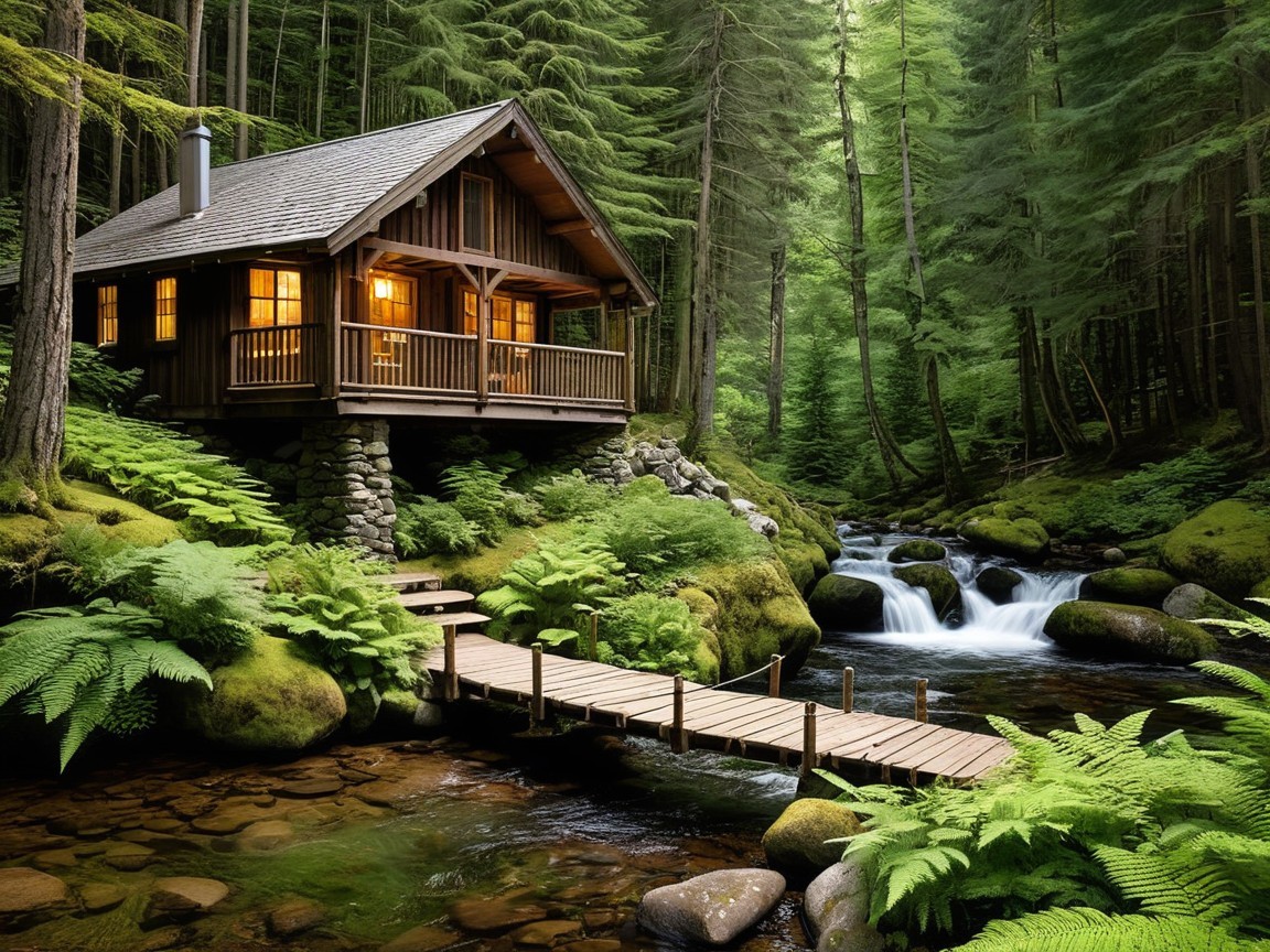 Cozy Wooden Cabin in a Lush Green Forest Setting
