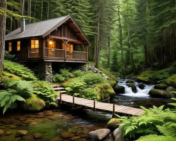 Cozy Wooden Cabin in a Lush Green Forest Setting
