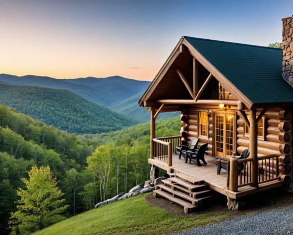 Wooden Cabin on Hillside Surrounded by Green Mountains