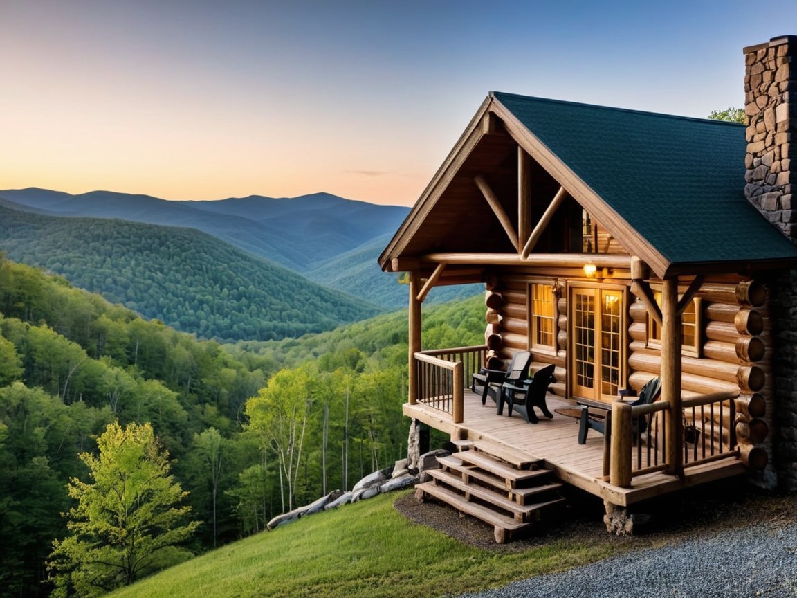 Wooden Cabin on Hillside Surrounded by Green Mountains