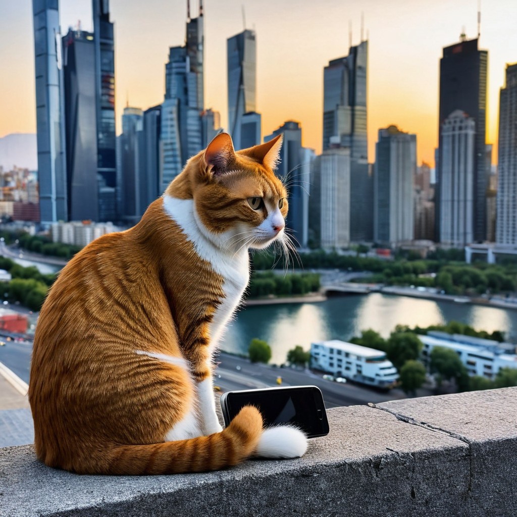 Ginger and White Cat Overlooks Urban Skyline at Sunset