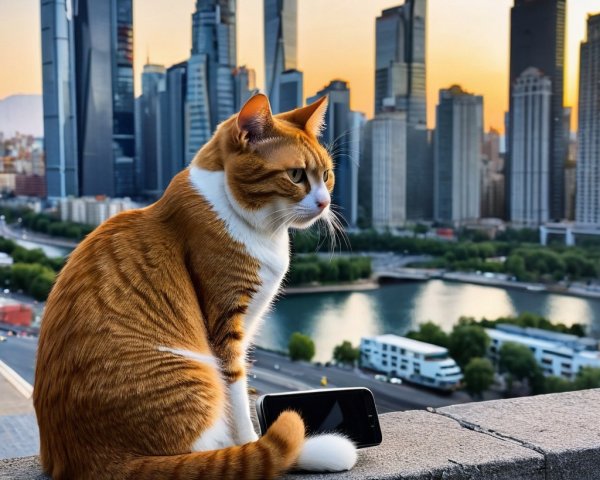 Ginger and White Cat Overlooks Urban Skyline at Sunset