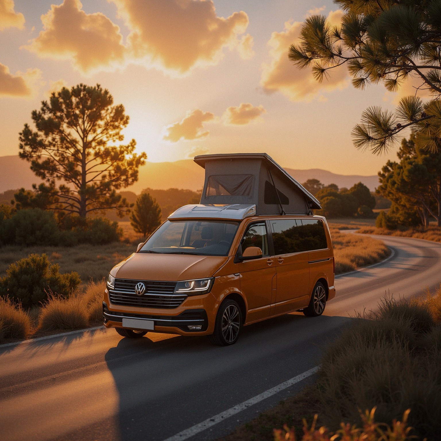 Orange Volkswagen Camper Van in Scenic Landscape