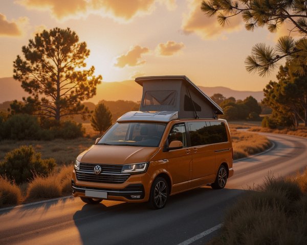 Orange Volkswagen Camper Van in Scenic Landscape