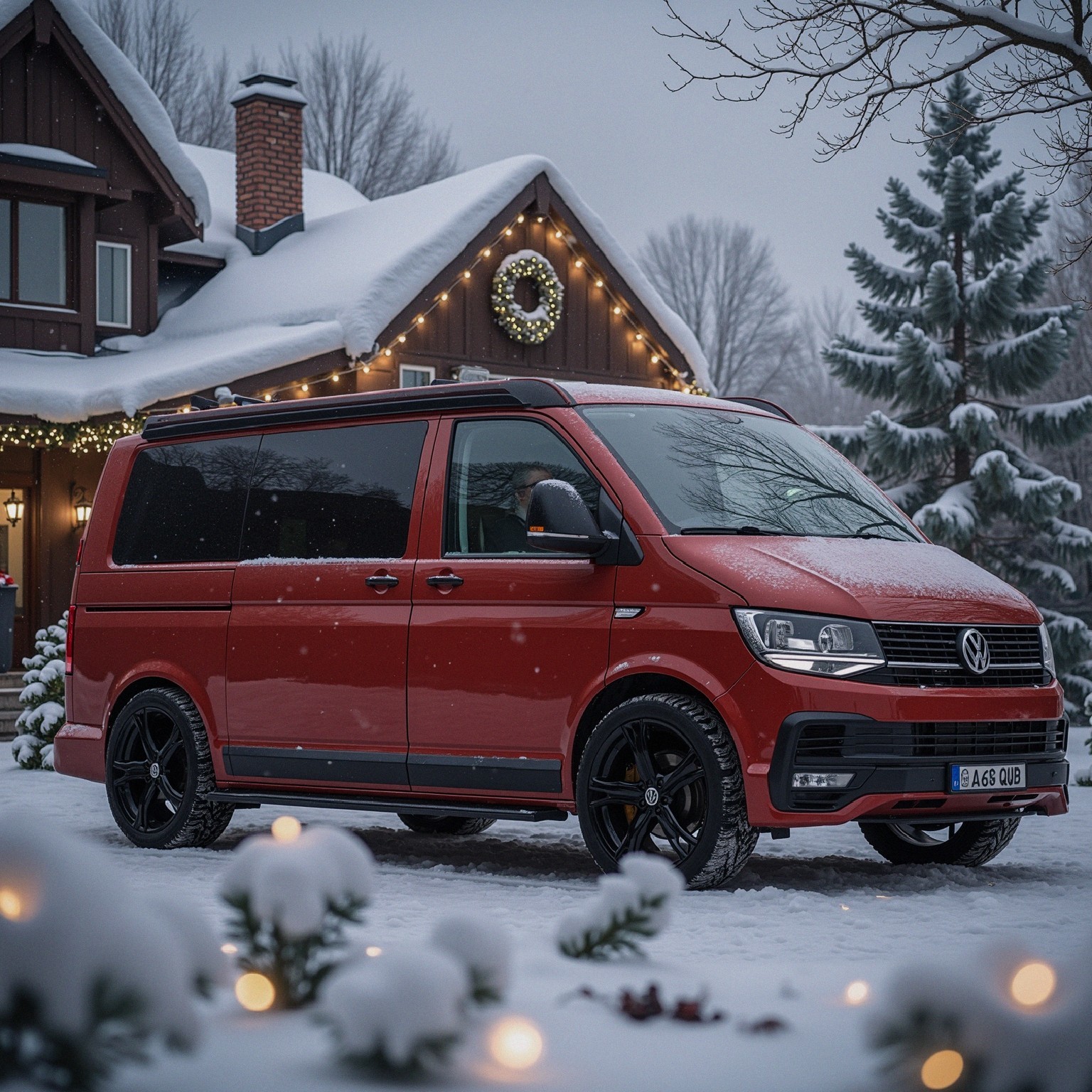 Red Volkswagen Transporter Van Near Snowy House