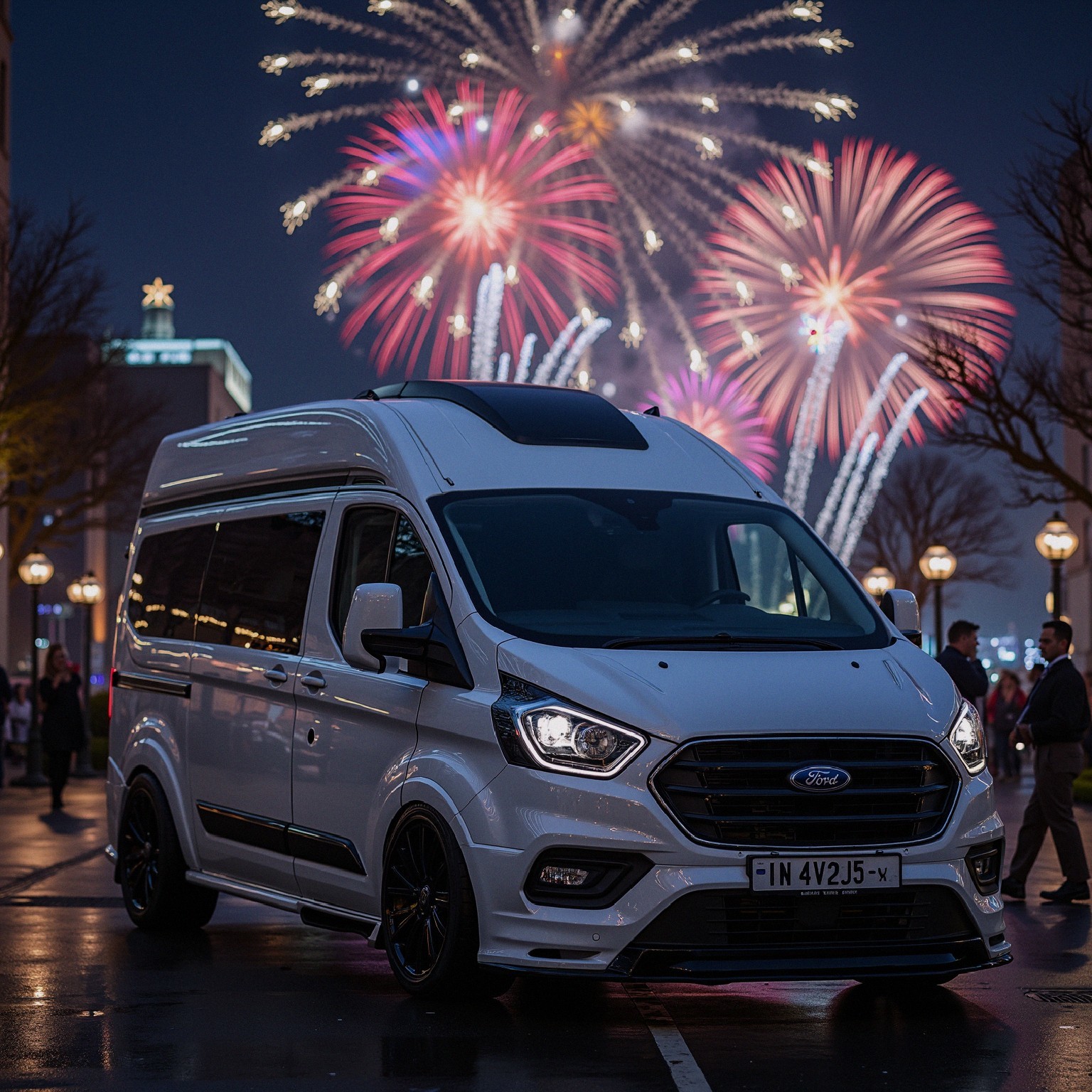 White Ford Transit Custom Van at Night with Fireworks
