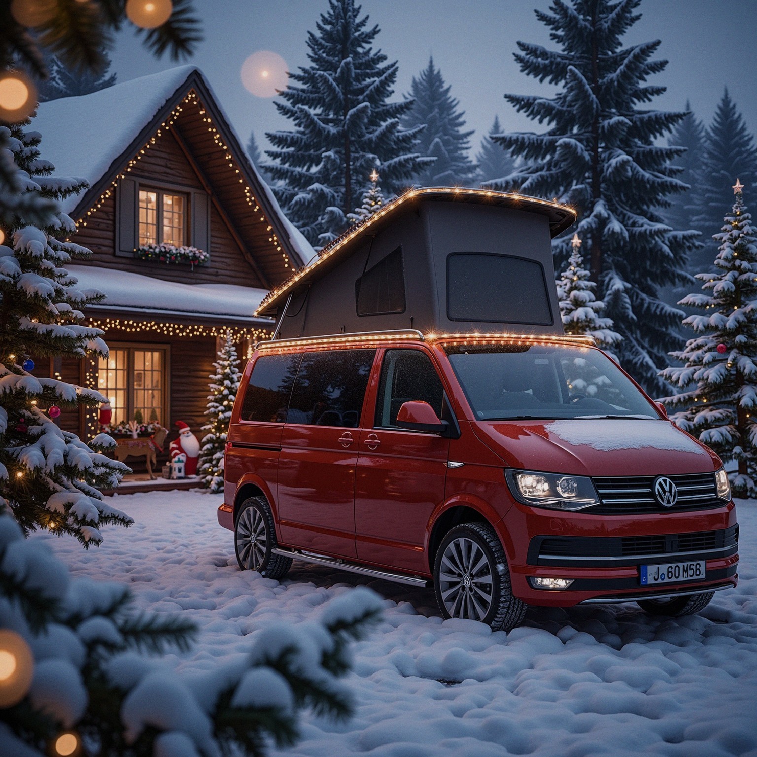 Red SUV Parked by Wooden Cabin on Snowy Night