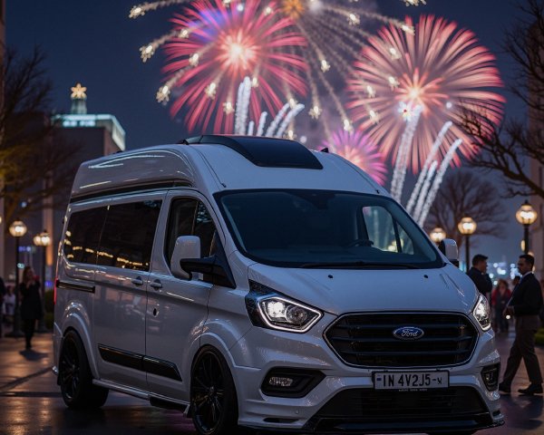 White Ford Transit Custom Van at Night with Fireworks