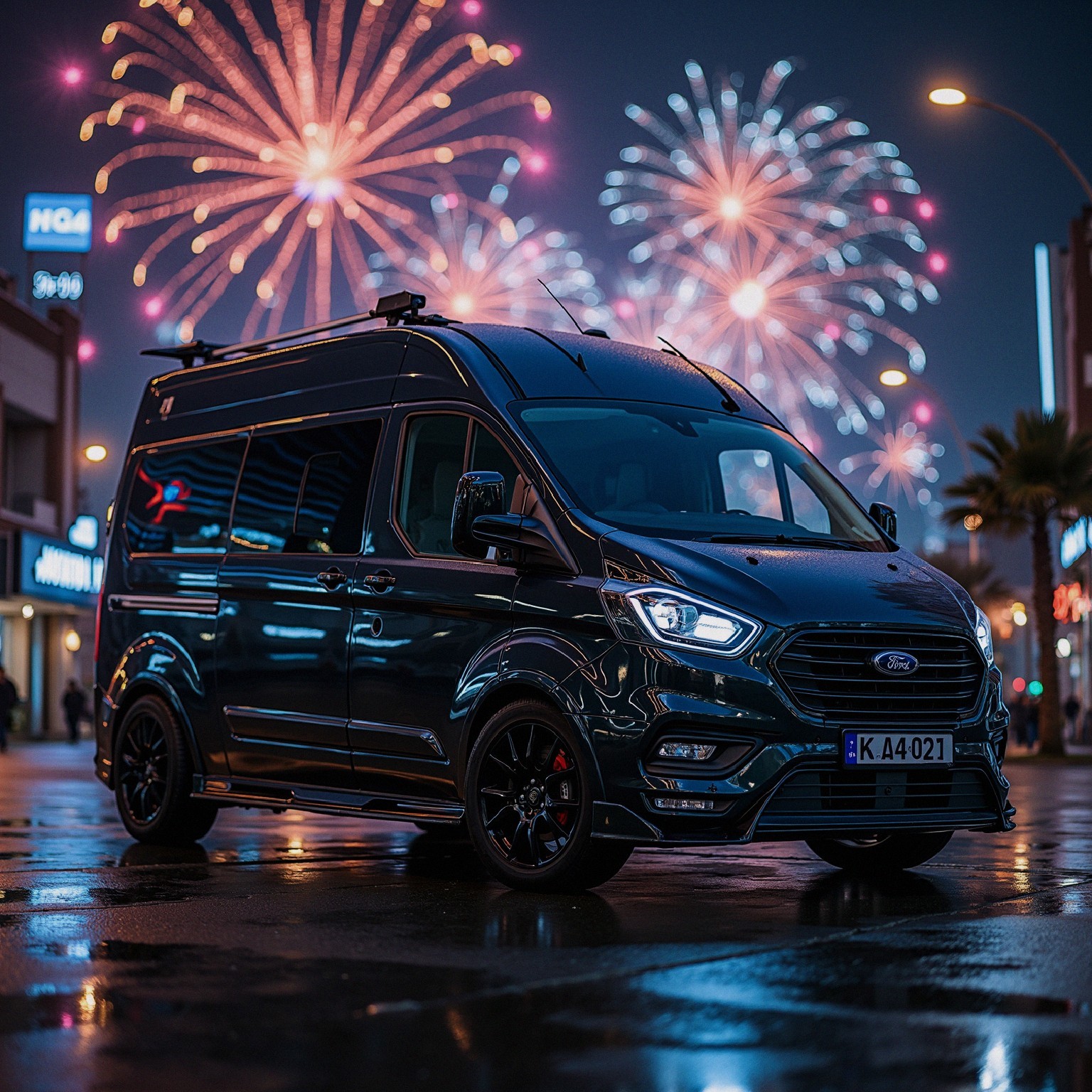 Dark Blue Ford Transit Van with Fireworks at Night