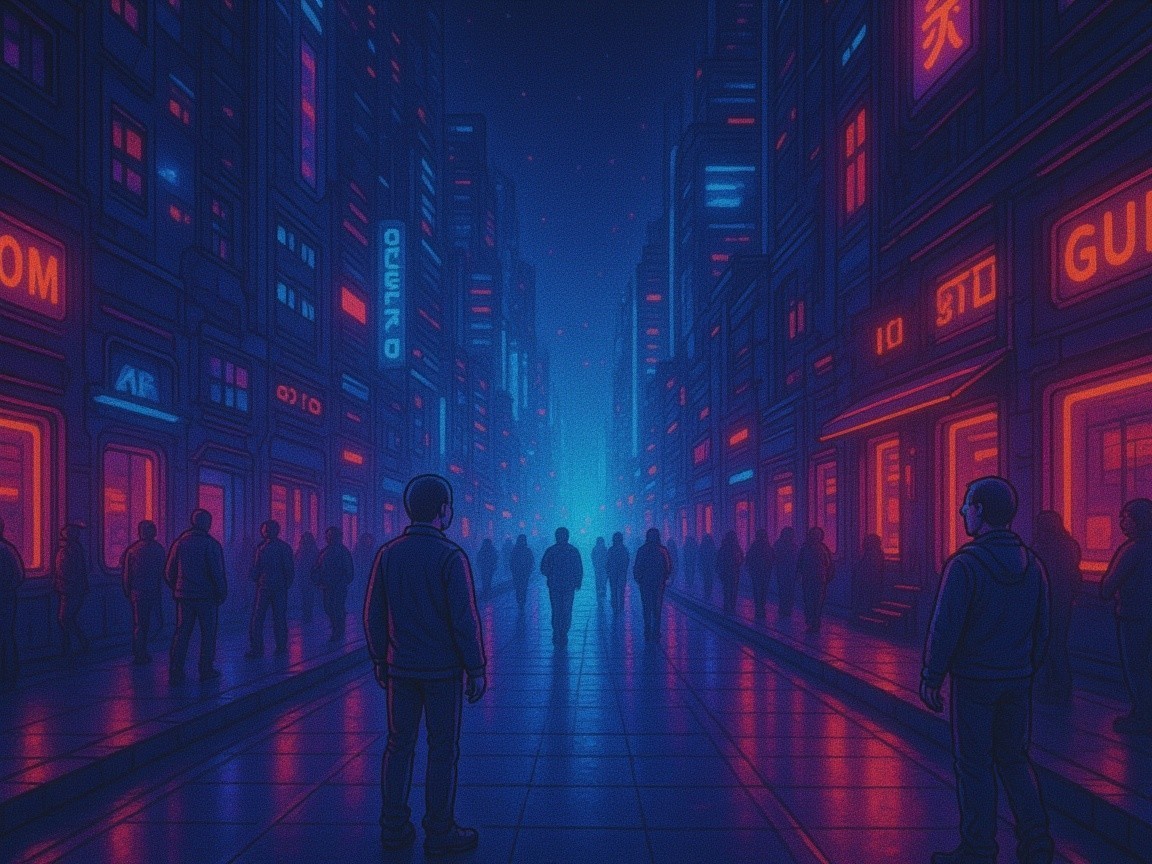 Futuristic cityscape with neon storefronts and figures