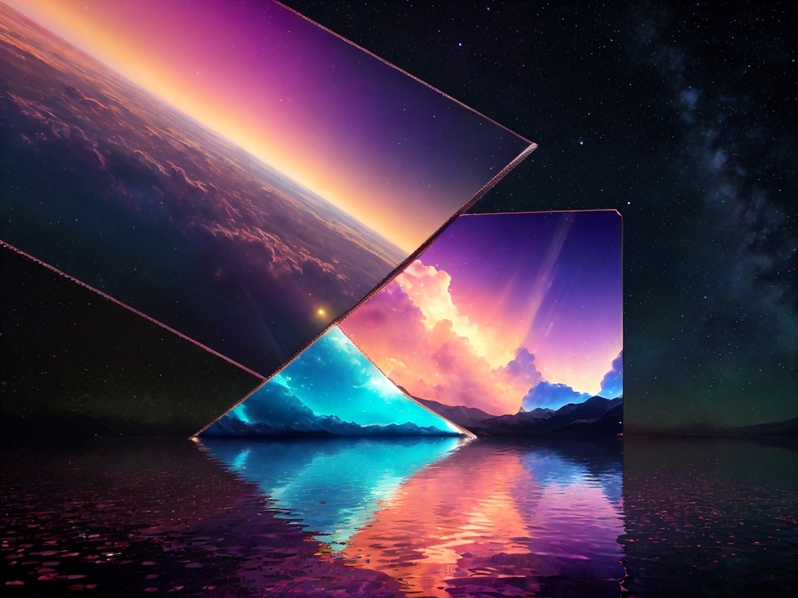 Surreal Landscape with Triangular Panels and Sunset Reflections