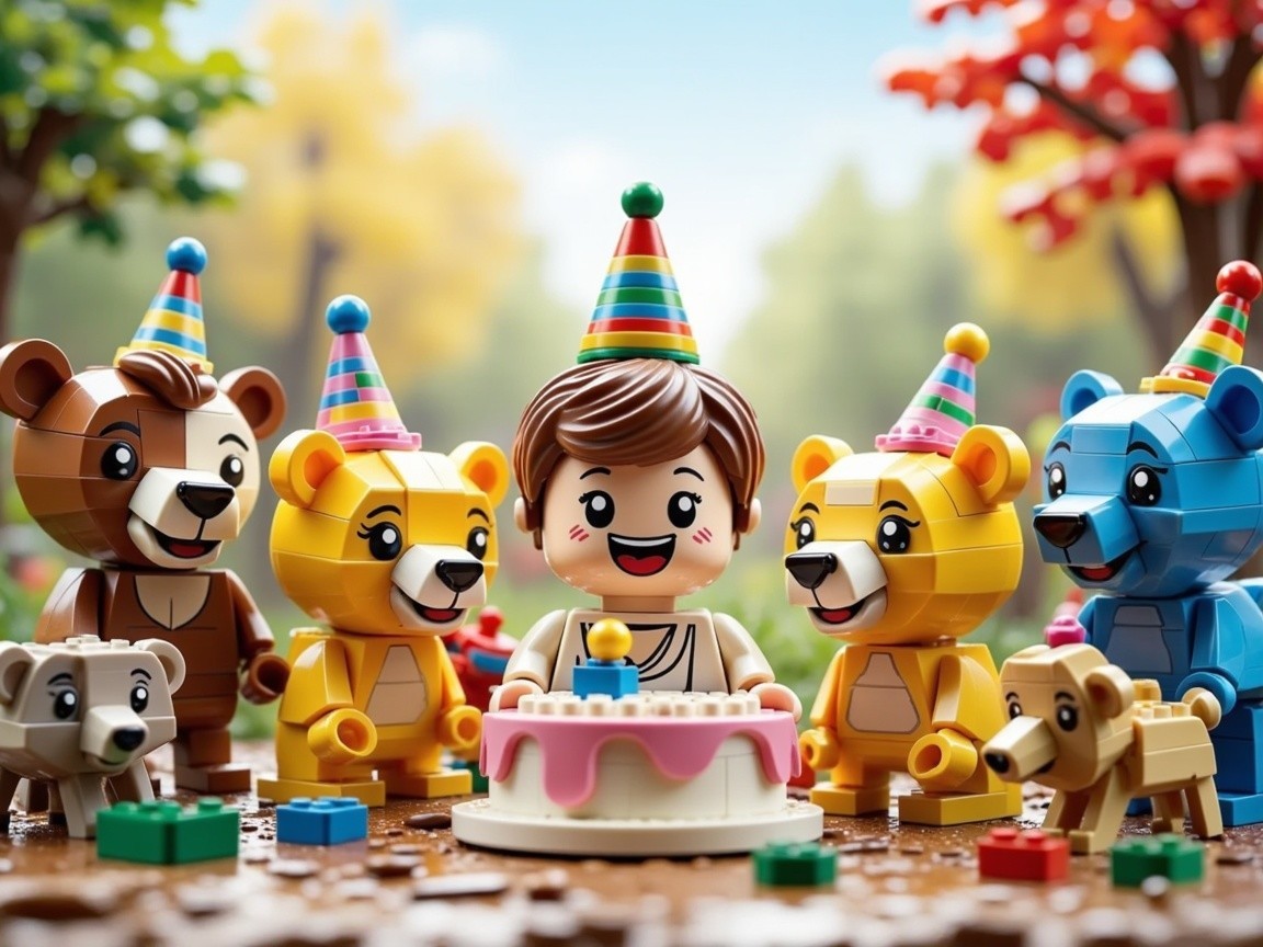 Child Celebrating Birthday with LEGO Bears and Cake