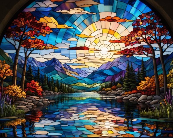 Vibrant Stained Glass Artwork of Scenic Landscape