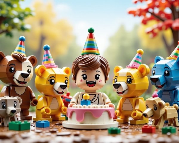 Child Celebrating Birthday with LEGO Bears and Cake