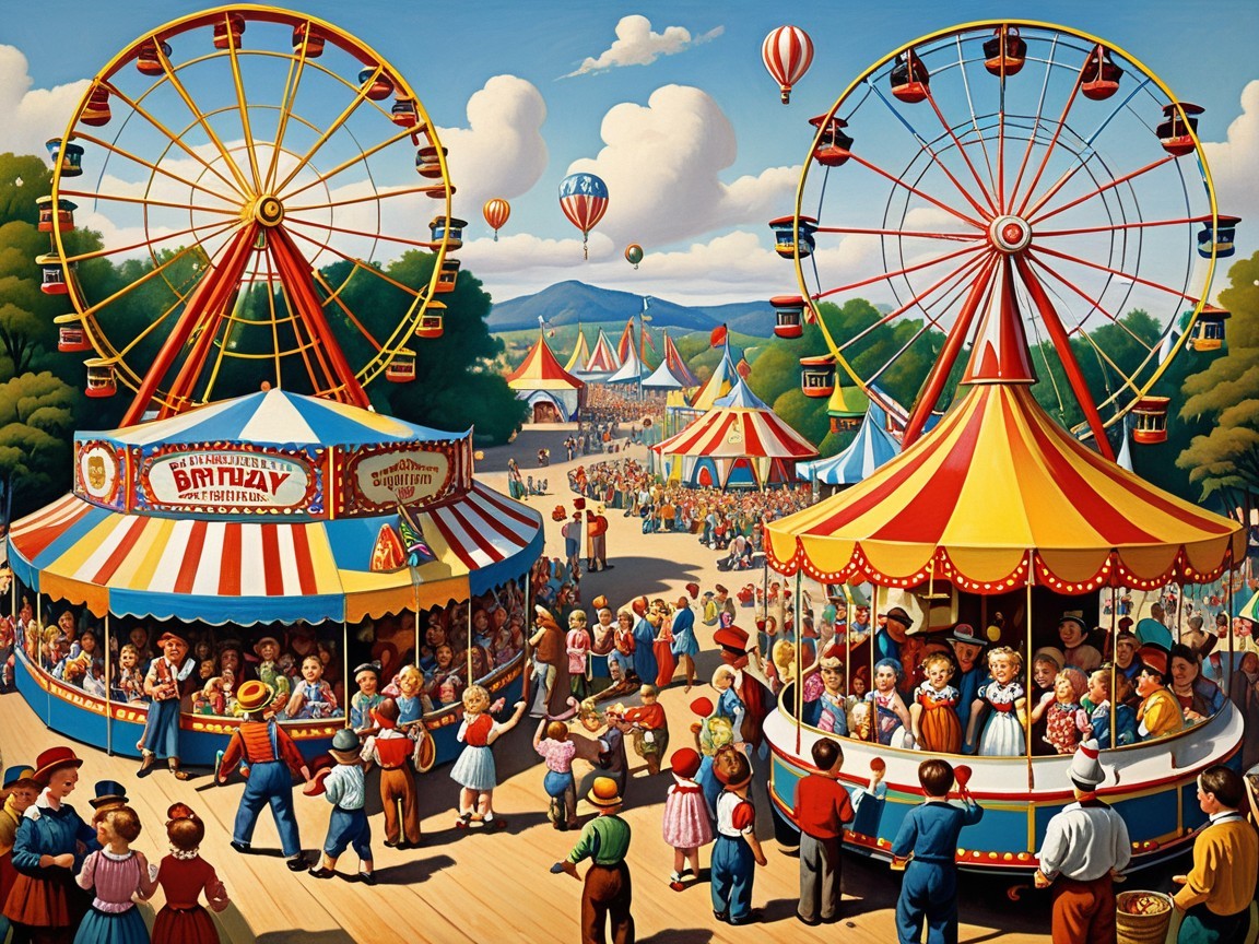Vibrant Carnival Scene with Ferris Wheels and Crowds