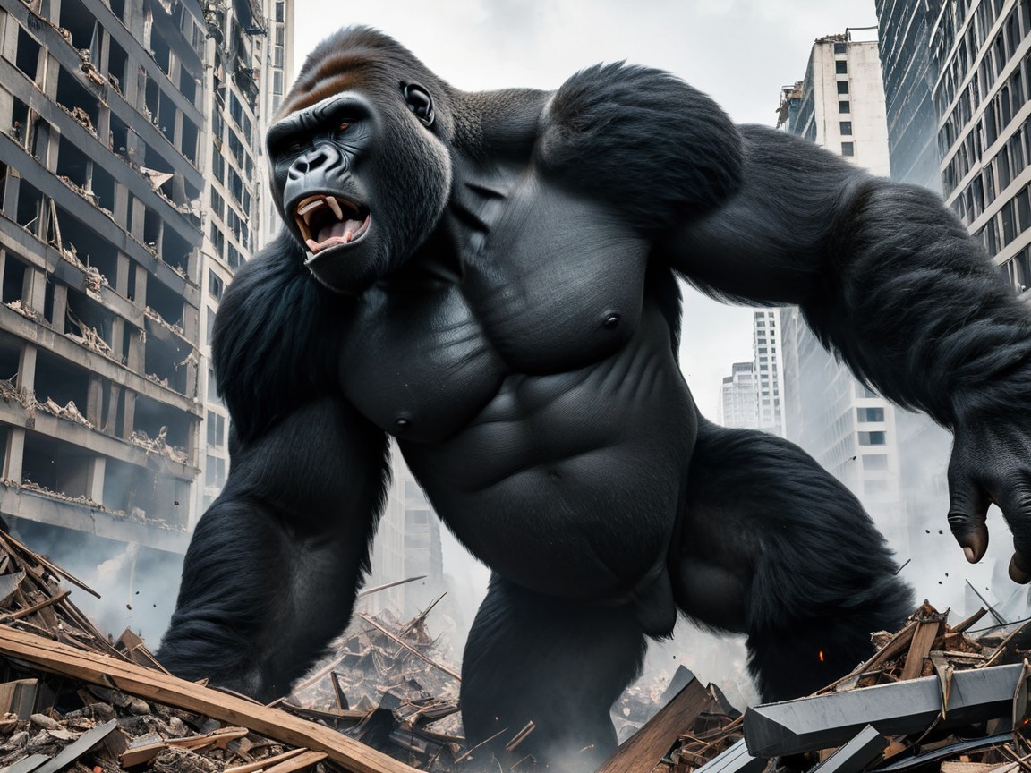 Gorilla in a Destroyed City Ruins with Intense Presence