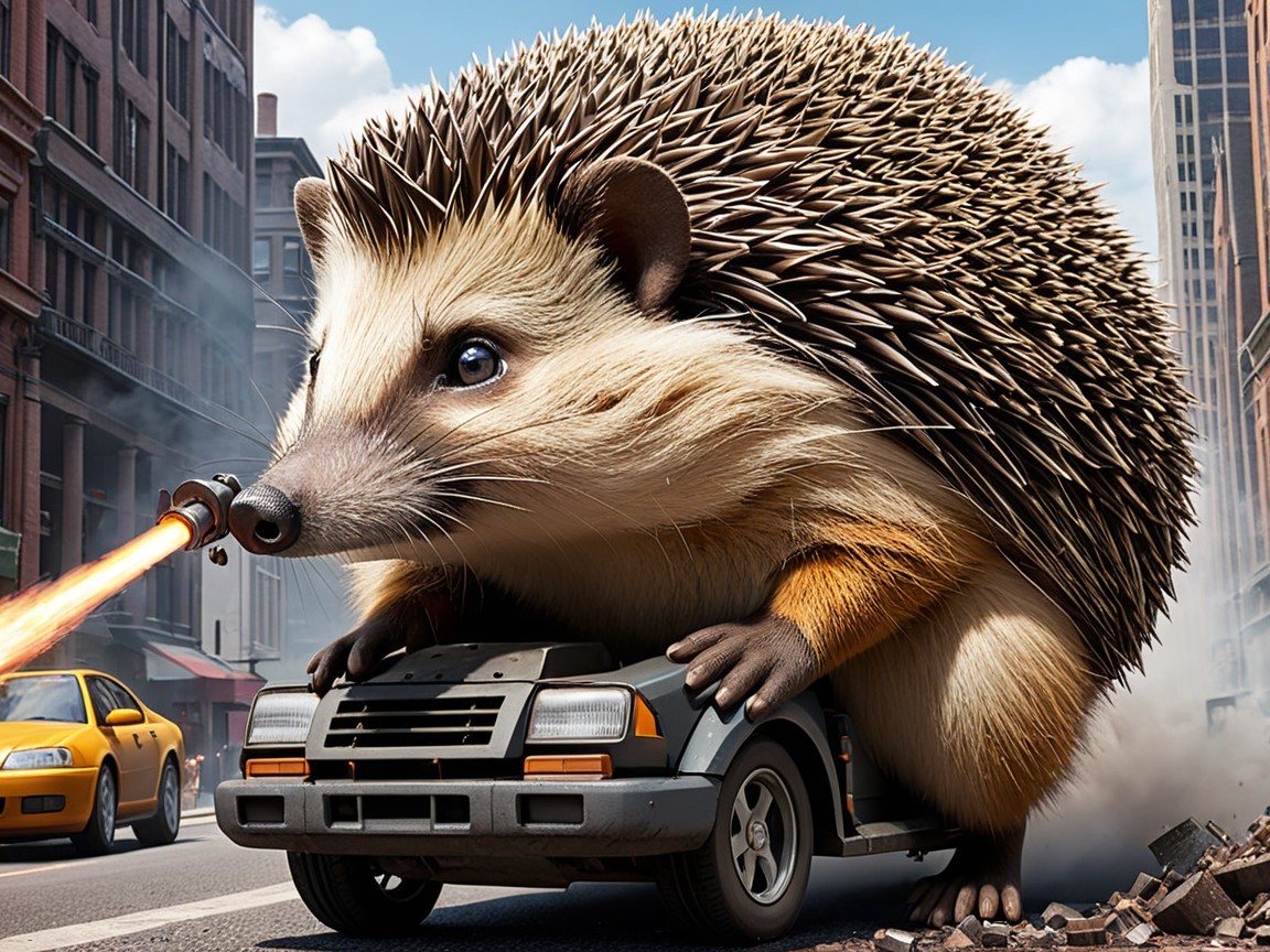Oversized Hedgehog with Rocket Launcher in Cityscape