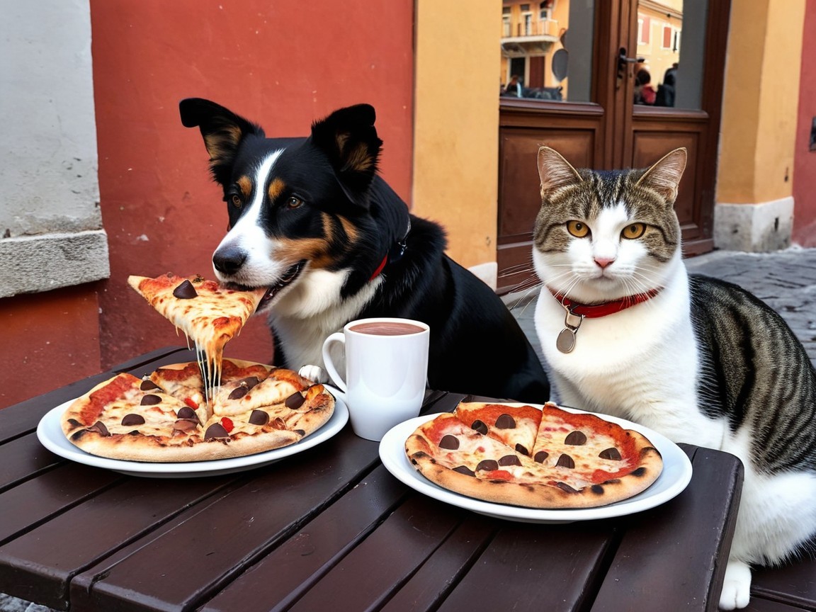 Playful Dog and Cat Enjoy Pizza at Outdoor Table