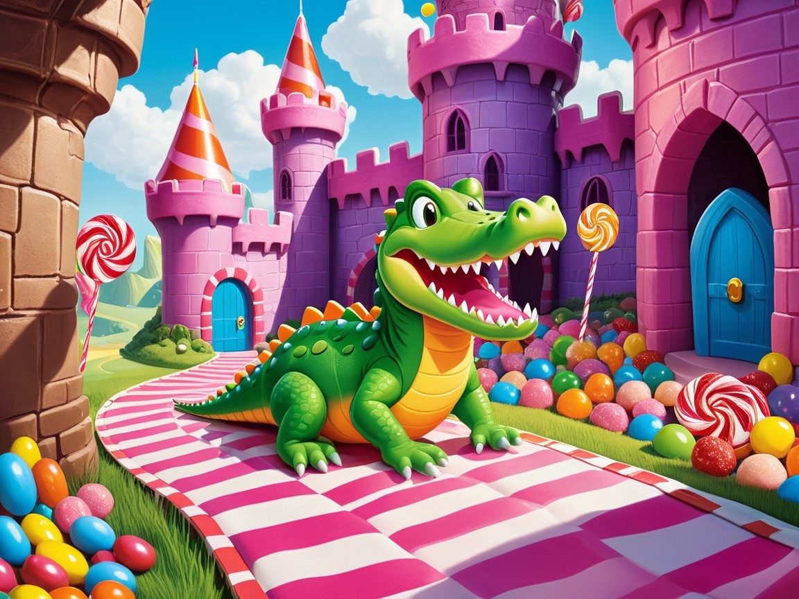 Cartoon Alligator in Colorful Whimsical Landscape