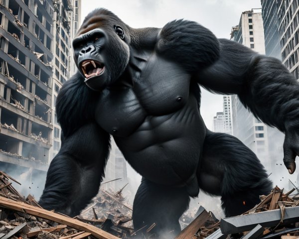 Gorilla in a Destroyed City Ruins with Intense Presence