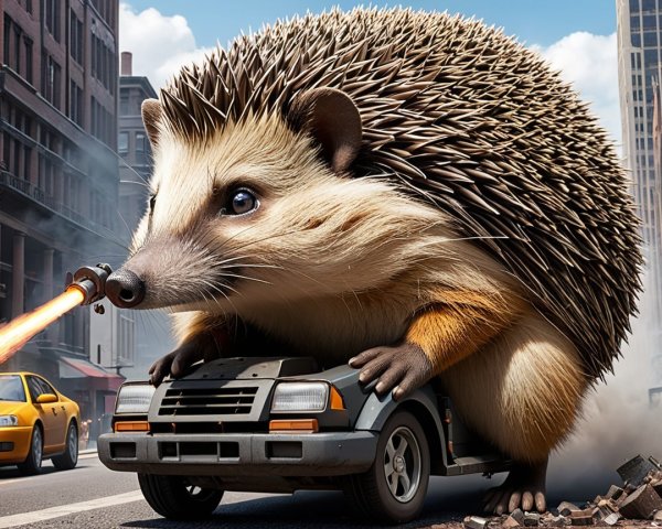 Oversized Hedgehog with Rocket Launcher in Cityscape