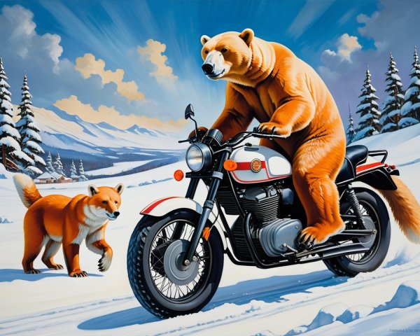 Whimsical Winter Scene with Bear on Motorcycle