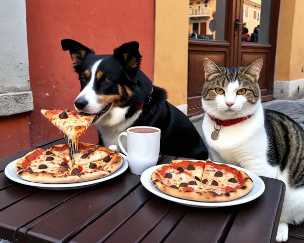 Playful Dog and Cat Enjoy Pizza at Outdoor Table