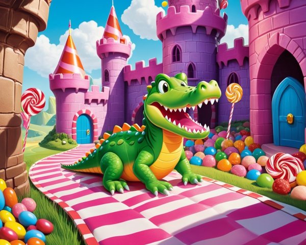 Cartoon Alligator in Colorful Whimsical Landscape