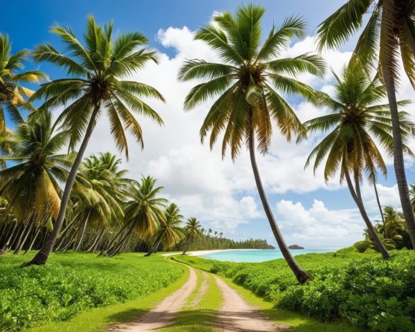 Tropical Landscape with Palm Trees and Ocean Bay